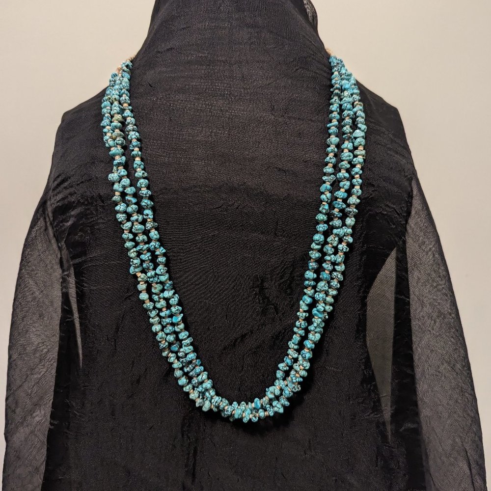 Turquoise Nugget Heishi Southwestern Native Necklace-3 strands-14 inch